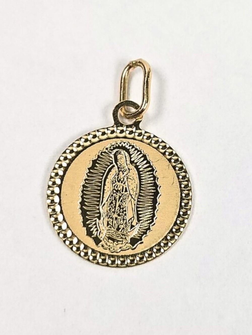 10K Gold Virgin of Guadalupe Round Medal Pendant Catholic Religious Charm 18mm